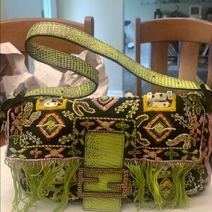 Fendi Green and Black Geometric Shoulder Bag with Lime Accents